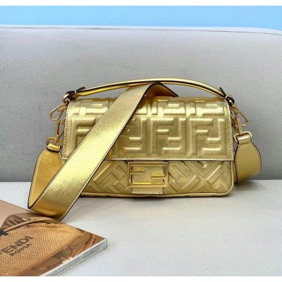 Fendi Medium Baguette Bag In Gold FF Metallic Leather