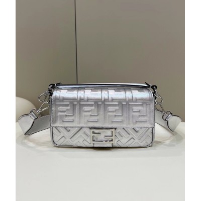 Fendi Medium Baguette Bag In Silver FF Metallic Leather