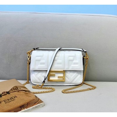 Fendi Small Baguette Bag In White FF Nappa Leather