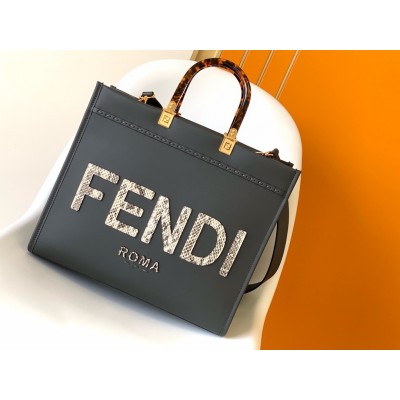 Fendi Sunshine Medium Tote Bag in Black Leather with Python Logo