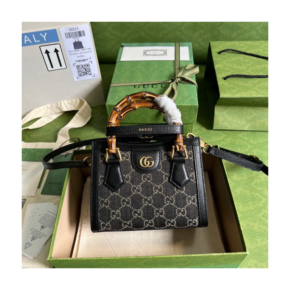 Gucci Diana Mini Tote Bag in Black Denim 655661 LDBS16570