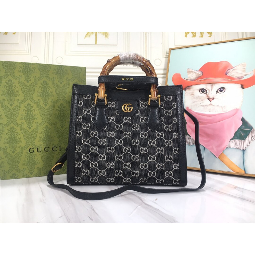 Gucci Diana Small Tote Bag in Black Denim 660195 LDBS16577