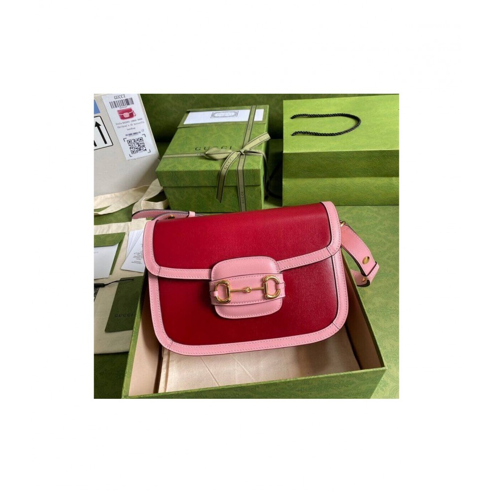 Gucci Horsebit 1955 Small Shoulder Bag Red and Pink Leather 602204 LDBS16323