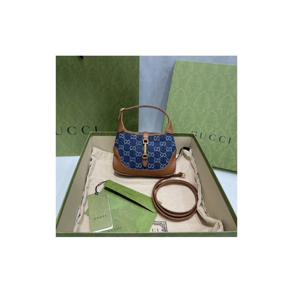 Gucci Jackie 1961 Mini Shoulder Bag in Blue Jacquard Denim 637092 LDBS16333