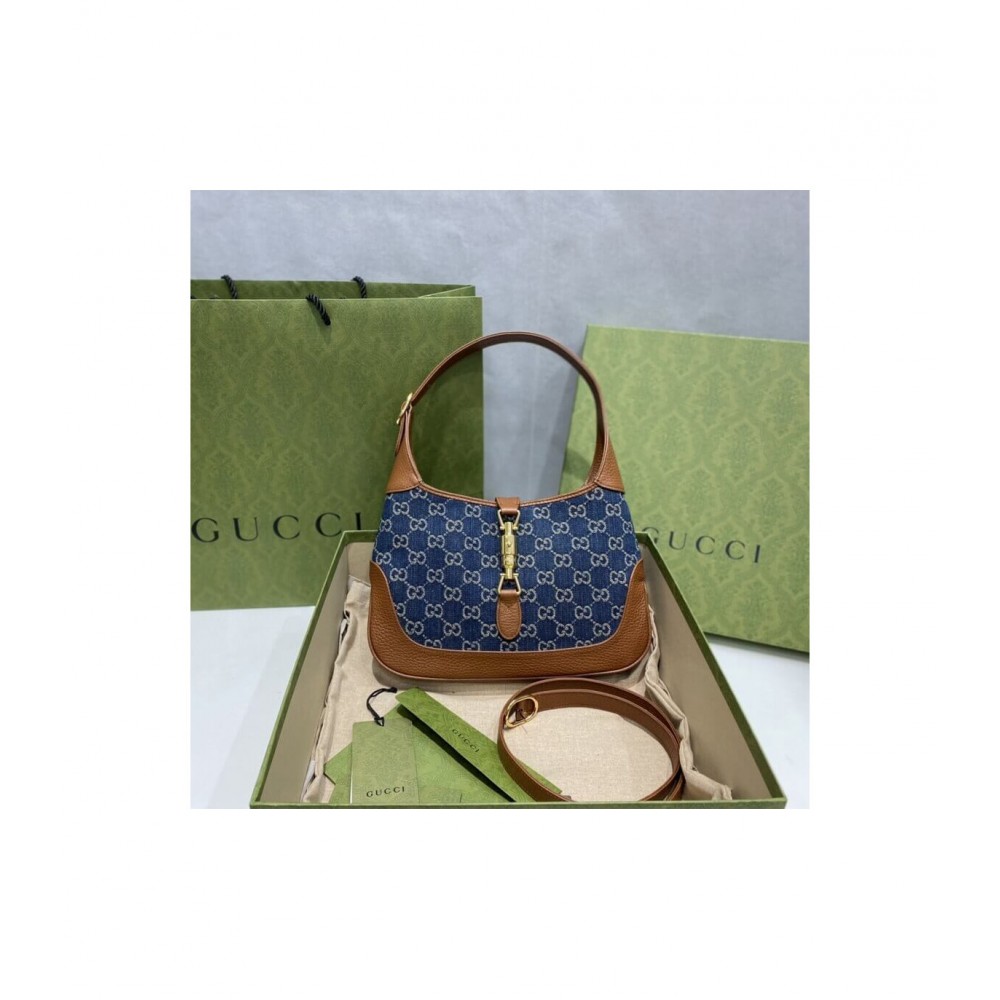 Gucci Jackie 1961 Small Shoulder Bag in Blue Jacquard Denim 636706 LDBS16337