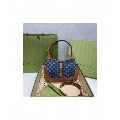 Gucci Jackie 1961 Small Shoulder Bag in Blue Jacquard Denim 636706 LDBS16337