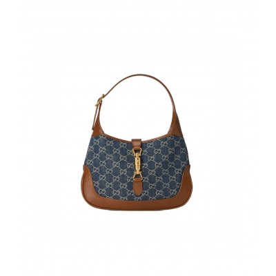 Gucci Jackie 1961 Small Shoulder Bag in Blue Jacquard Denim 636706 LDBS16337