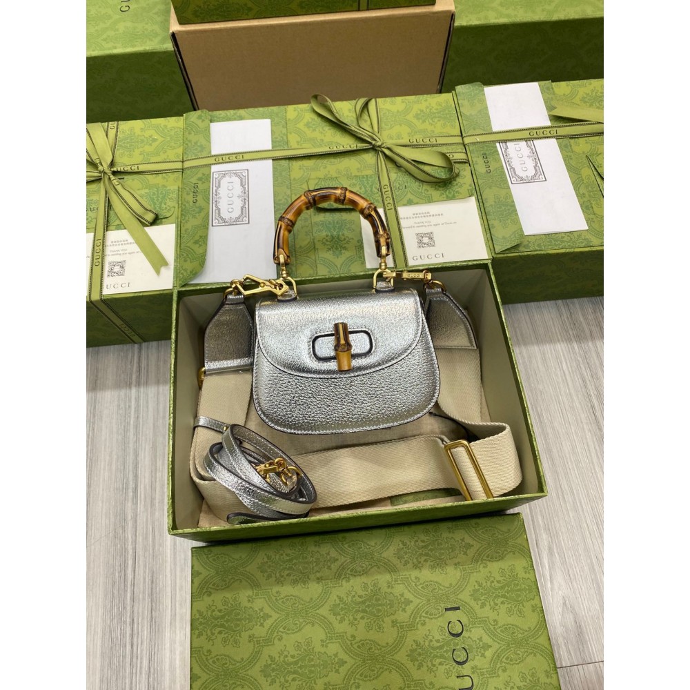 Gucci Bamboo 1947 Mini Top Handle Bag in Silver Metallic Leather