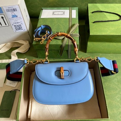 Gucci Bamboo 1947 Small Top Handle Bag in Blue Leather