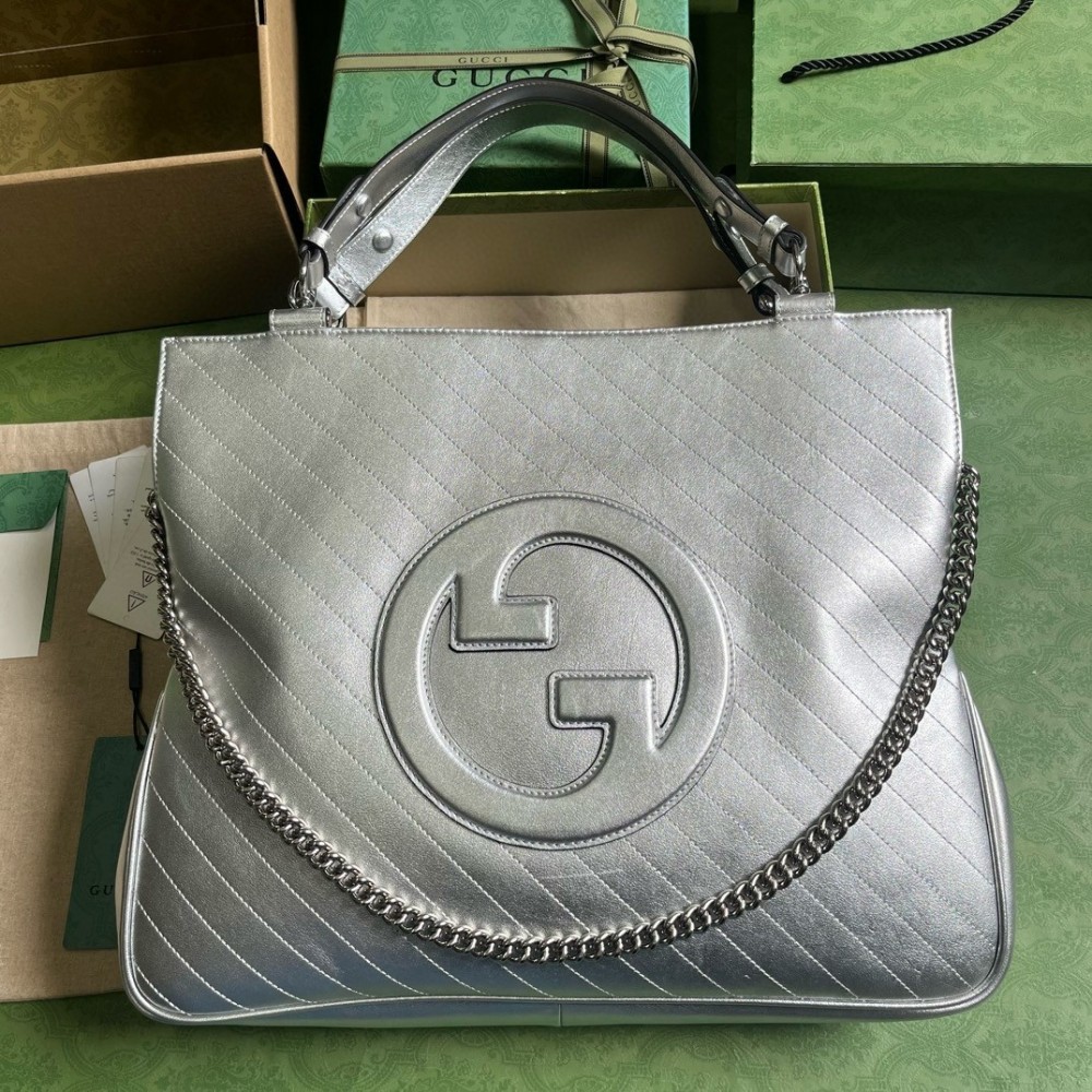 Gucci Blondie Medium Tote Bag in Silver Metallic Leather