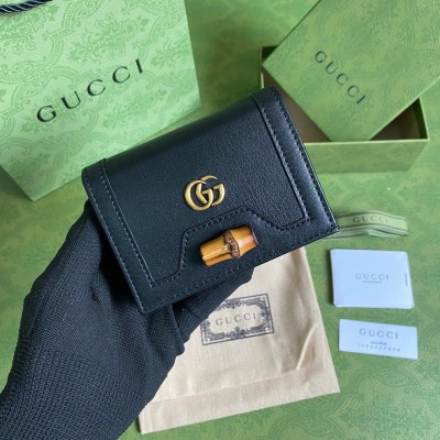 Gucci Diana Card Case Wallet In Black Calfskin