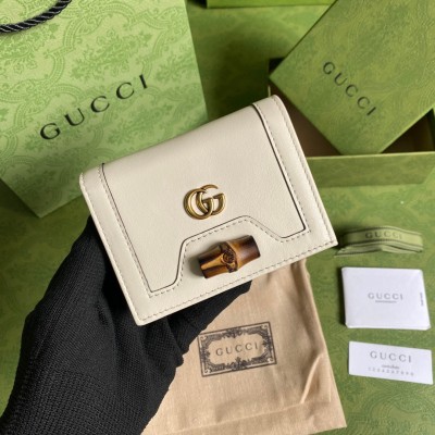 Gucci Diana Card Case Wallet In White Calfskin