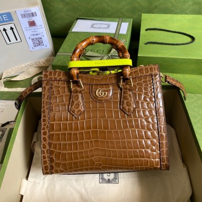 Gucci Diana Small Tote Bag in Brown Croc-embossed Leather