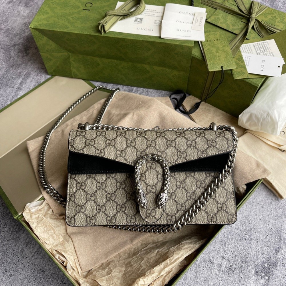 Gucci Dionysus Small Rectangular Bag in GG Canvas with Black Suede