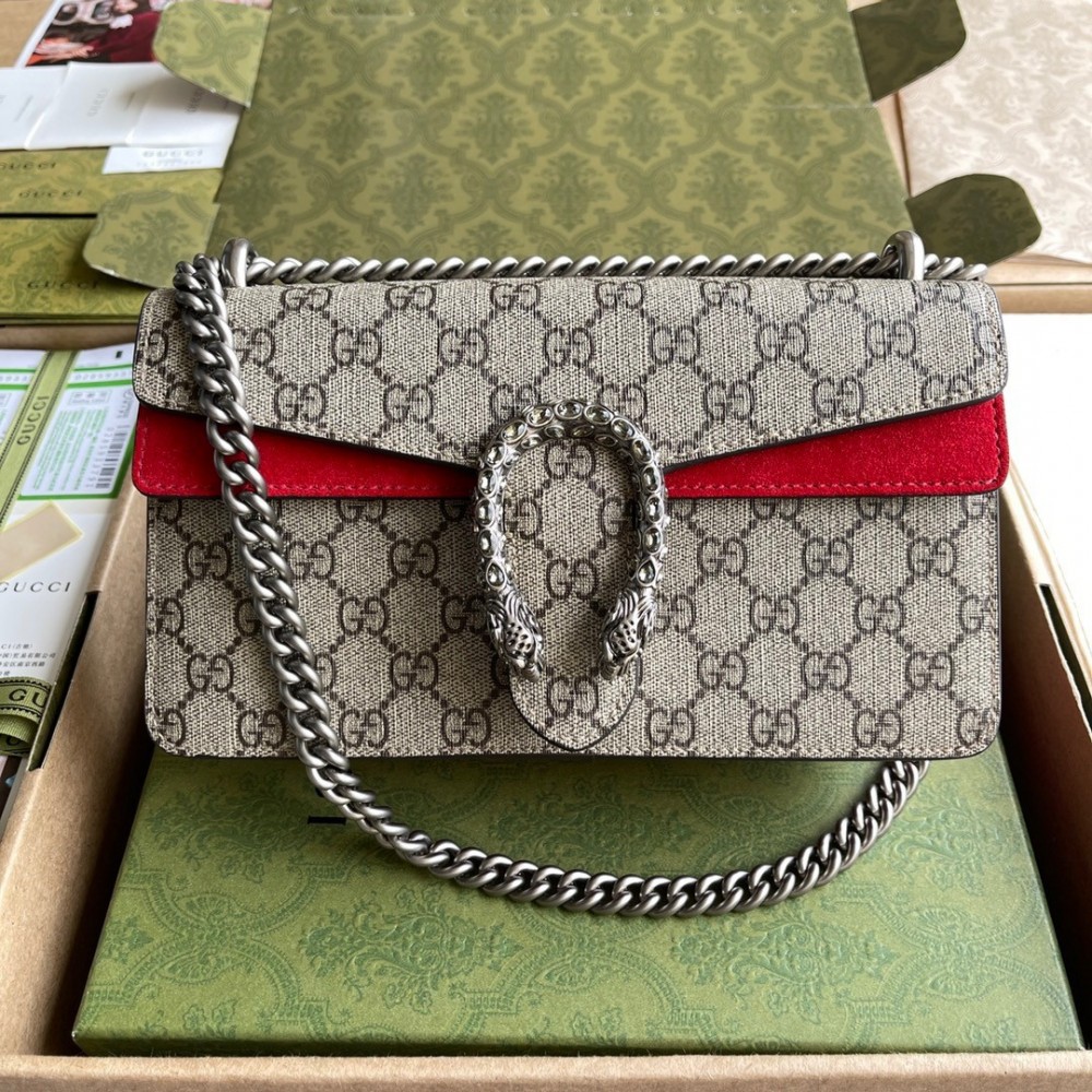 Gucci Dionysus Small Rectangular Bag in GG Canvas with Red Suede