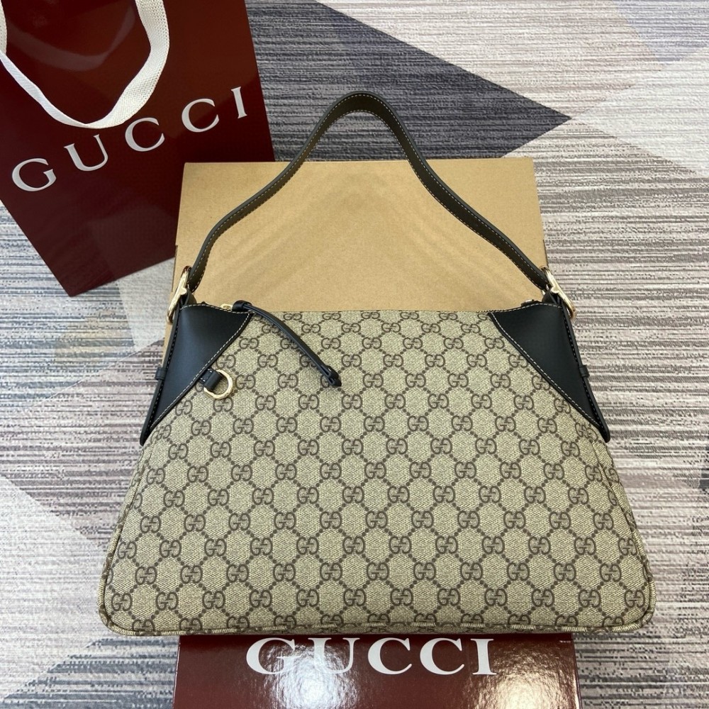 Gucci GG Emblem Medium Shoulder Bag in Beige GG Canvas with Black Leather