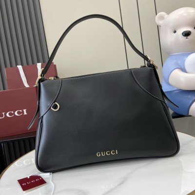 Gucci GG Emblem Medium Shoulder Bag in Black Calfskin