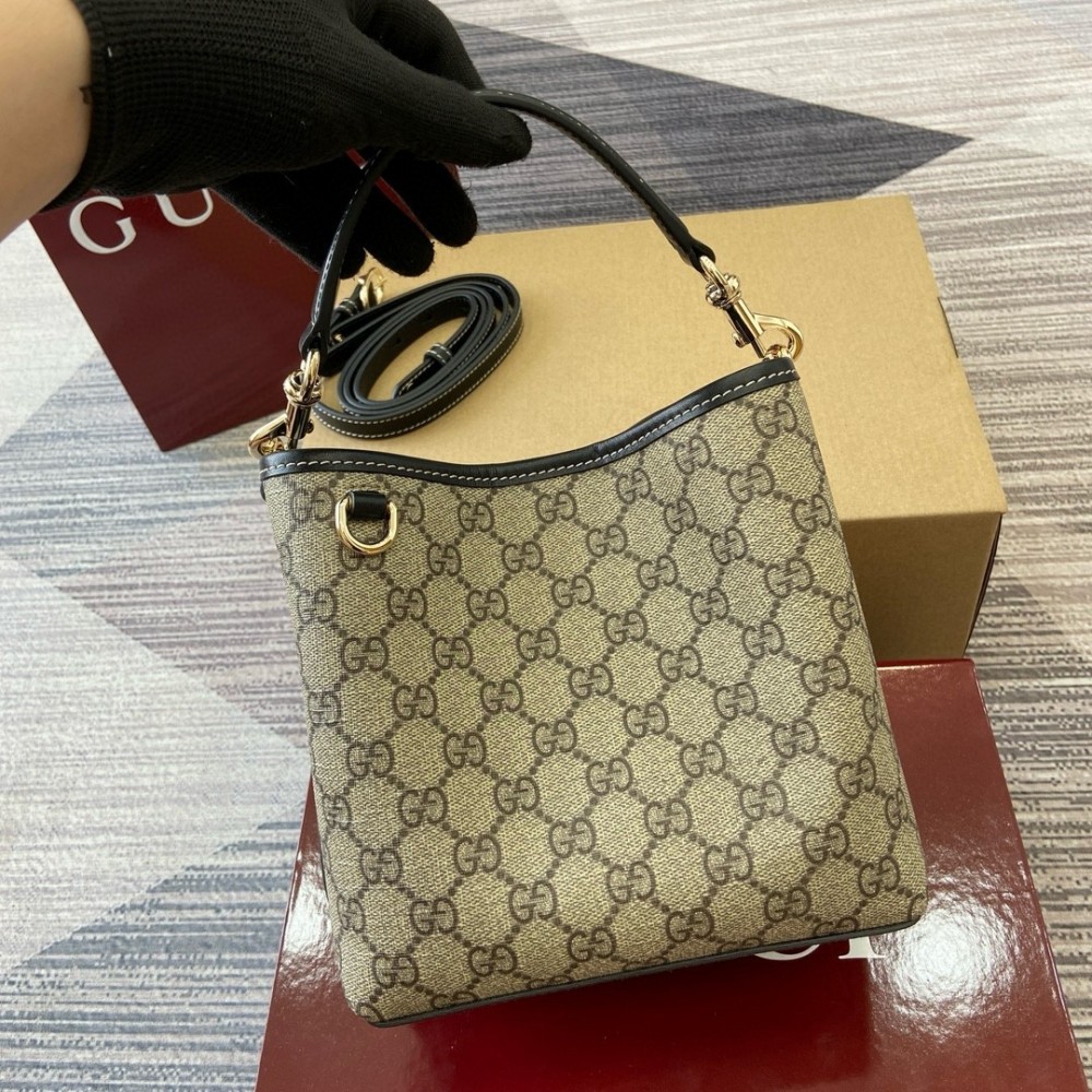 Gucci GG Emblem Mini Bucket Bag in Beige GG Canvas with Black Leather