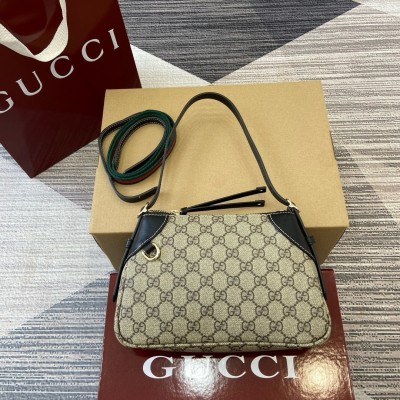 Gucci GG Emblem Small Shoulder Bag in Beige GG Canvas with Black Leather