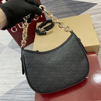 Gucci GG Emblem Small Shoulder Bag in Black GG Grainy Leather