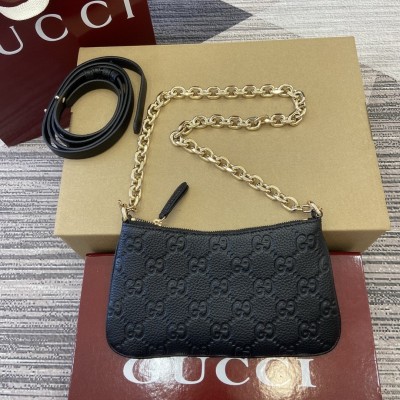 Gucci GG Emblem Super Mini Shoulder Bag in Black GG Grainy Leather