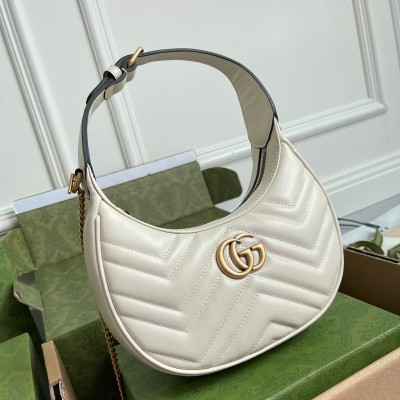 Gucci GG Marmont Half-moon Mini Bag in White Chevron Leather