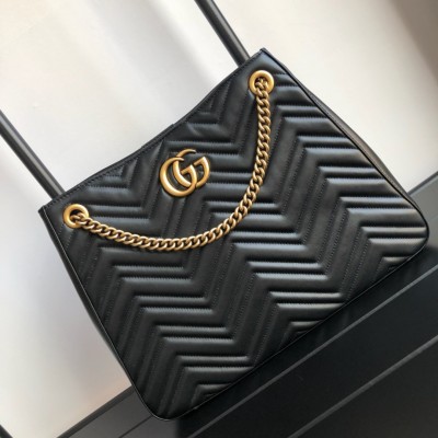 Gucci GG Marmont Medium Chain Shoulder Bag in Black Chevron Leather