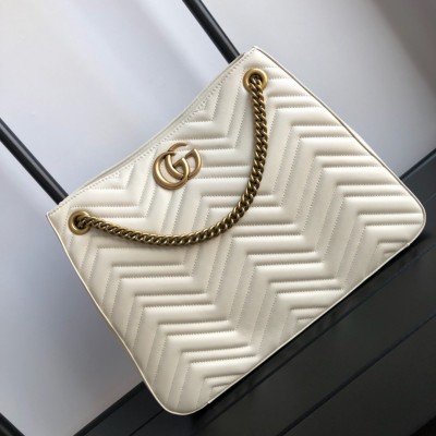 Gucci GG Marmont Medium Chain Shoulder Bag in White Chevron Leather