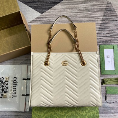 Gucci GG Marmont Medium Tote in White Chevron Calfskin