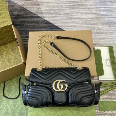 Gucci GG Marmont Small Bag with Multi-pocket in Black Chevron Leather