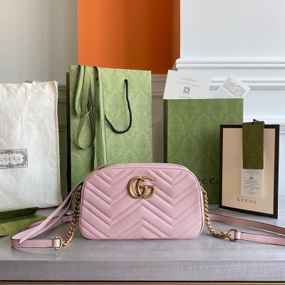 Gucci GG Marmont Small Camera Bag in Pink Chevron Leather