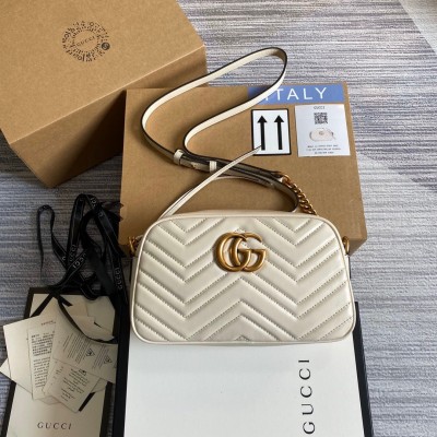 Gucci GG Marmont Small Camera Bag in White Chevron Leather