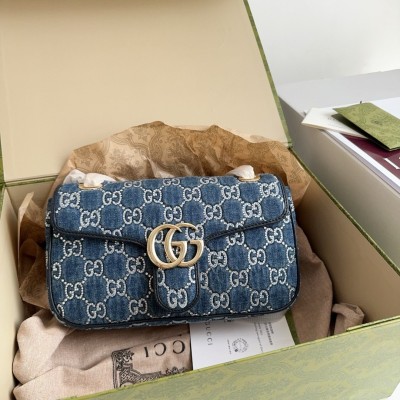 Gucci GG Marmont Small Shoulder Bag in Denim with Crystals GG