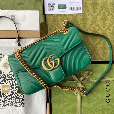 Gucci GG Marmont Small Shoulder Bag in Green Chevron Leather