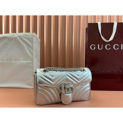 Gucci GG Marmont Small Shoulder Bag in Metallic Silver Leather