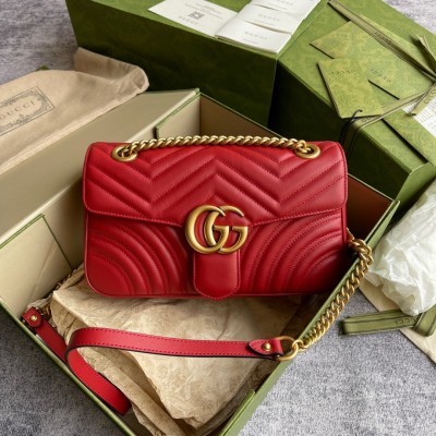 Gucci GG Marmont Small Shoulder Bag in Red Chevron Leather