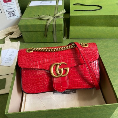 Gucci GG Marmont Small Shoulder Bag in Red Crocodile Leather