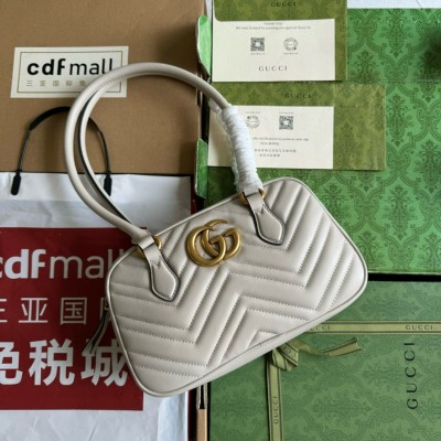 Gucci GG Marmont Small Top-handle Bag in White Chevron Leather