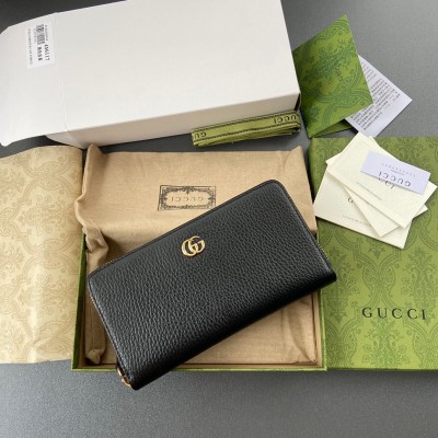 Gucci GG Marmont Zip Around Wallet In Black Grained Leather