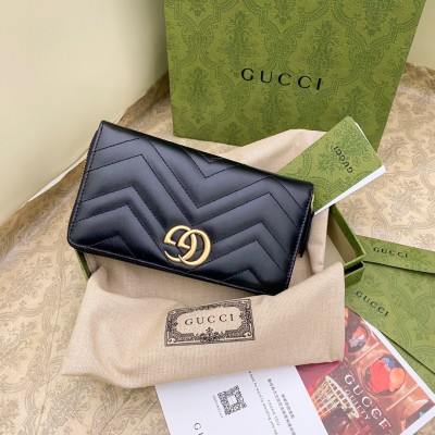 Gucci GG Marmont Zip Around Wallet In Black Matelasse Leather