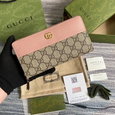 Gucci GG Marmont Zip Around Wallet in GG Supreme with Pink Leather