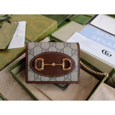 Gucci Horsebit 1955 Card Case Wallet in GG Supreme with Brown Leaher