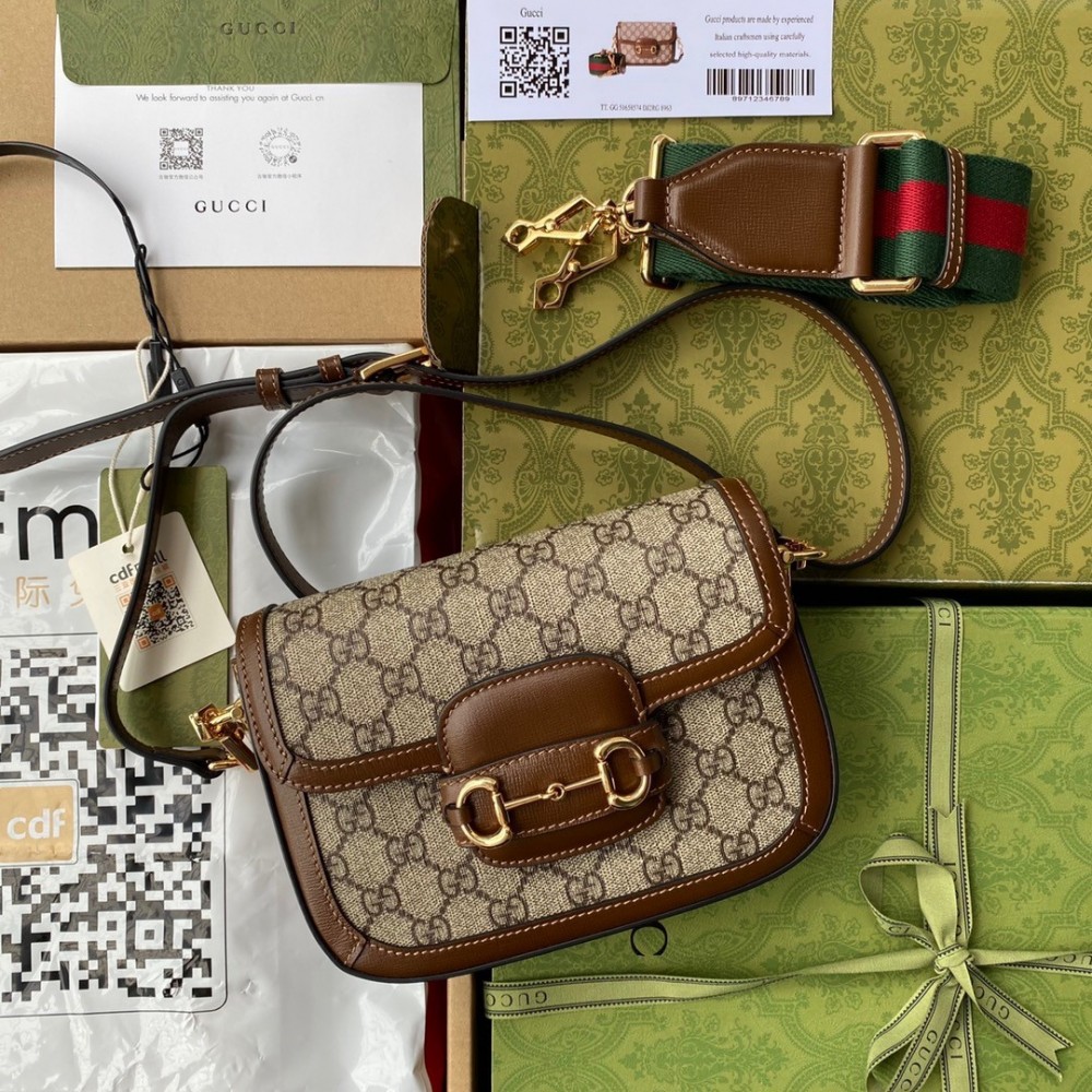 Gucci Horsebit 1955 Mini Bag in GG Canvas with Brown Calfskin