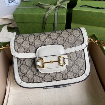 Gucci Horsebit 1955 Mini Bag in GG Canvas with White Calfskin