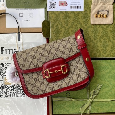 Gucci Horsebit 1955 Shoulder Bag in GG Canvas with Red Leather