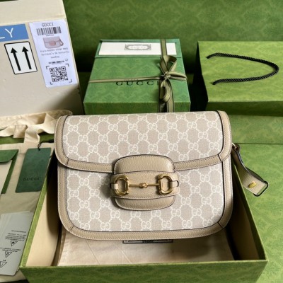 Gucci Horsebit 1955 Shoulder Bag in White GG Supreme Canvas