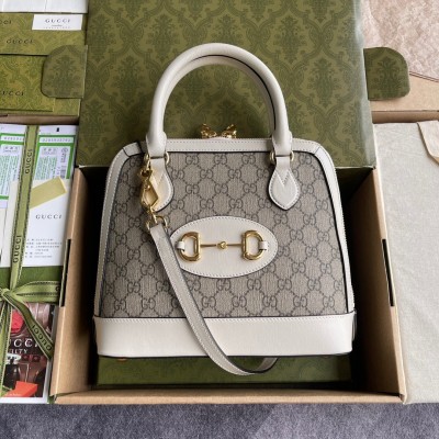 Gucci Horsebit 1955 Small Top Handle Bag in GG Canvas with White Leather