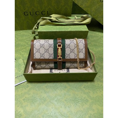 Gucci Jackie 1961 Chain Wallet in GG Canvas with Brown Leather