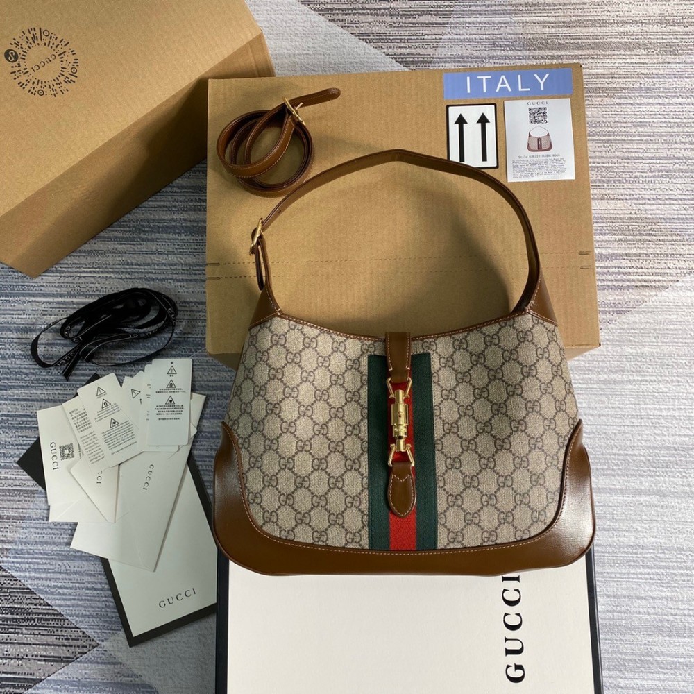 Gucci Jackie 1961 Medium Bag in GG Canvas with Brown Leather Trim