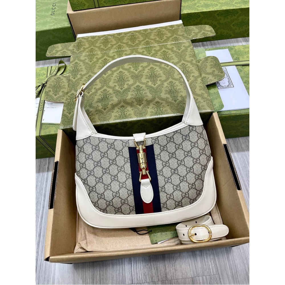 Gucci Jackie 1961 Small Bag in GG Canvas with White Leather Trim